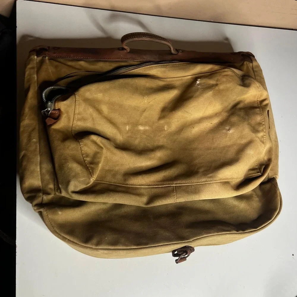 Vintage Military Canvas Garment Bag Khaki Travel Suitcase Leather Distressed